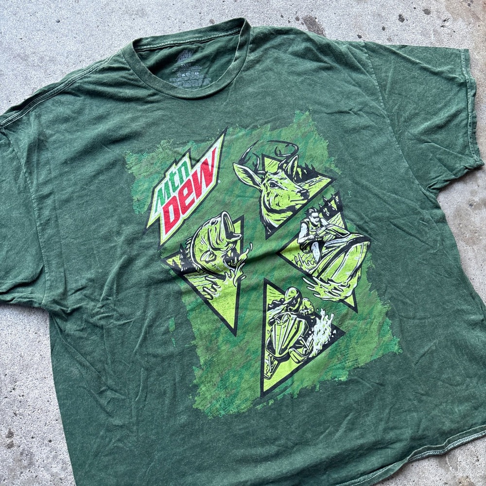 Mountain Dew Mens 2XL Green Graphic T-Shirt Fishing Hunting Outdoors